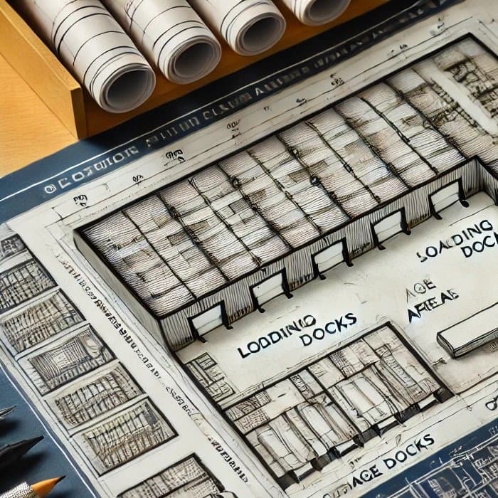 Industrial warehouse layout blueprint with loading docks and storage zones
